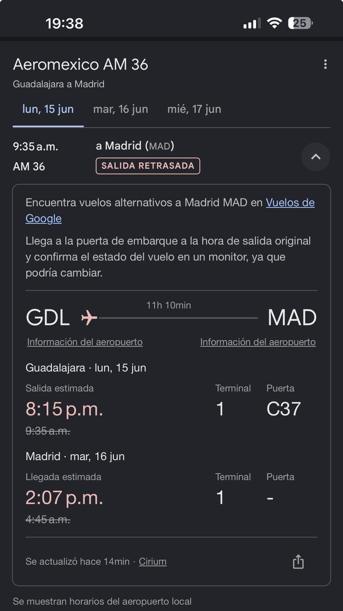 luiselviajado's tweet photo. Una amiga tenía un vuelo programado para hoy de GDL a Madrid pero me dice que se retrasó, pensaba yo que por 2 o 3 horas pero voy viendo que por 11 horas. ¿Qué pasó con @Aeromexico ? https://t.co/X0jrLOqfl1