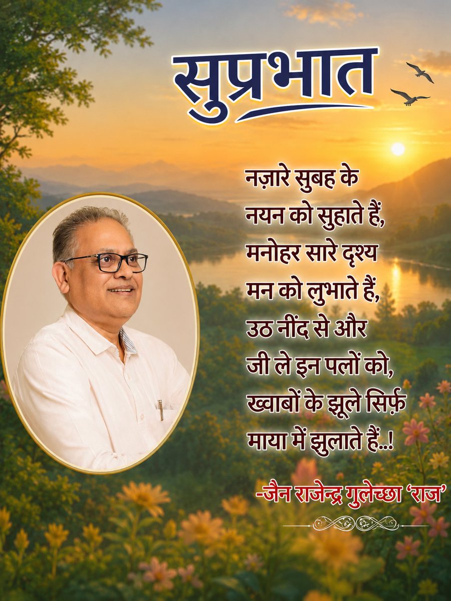 RGulechha's tweet photo. नज़ारे सुबह के नयन को सुहाते हैं,  
मनोहर सारे दृश्य मन को लुभाते हैं,  
उठ नींद से और जी ले इन पलों को,  
ख्वाबों के झूले सिर्फ़ माया में झुलाते हैं..!

-जैन राजेन्द्र गुलेच्छा ‘राज’
🌺सुप्रभात
🙏🏽जय जिनेंद्र
🌞Good Morning https://t.co/hVmdroUlAp