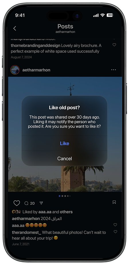 aetharmarhon's tweet photo. pov: you’re stalking someone on @instagram and accidentally like their post from 5 years ago.

made a small concept for a “like old post?” confirmation modal. fully replicated in Figma, no screenshots used! https://t.co/b75lPsxmy9