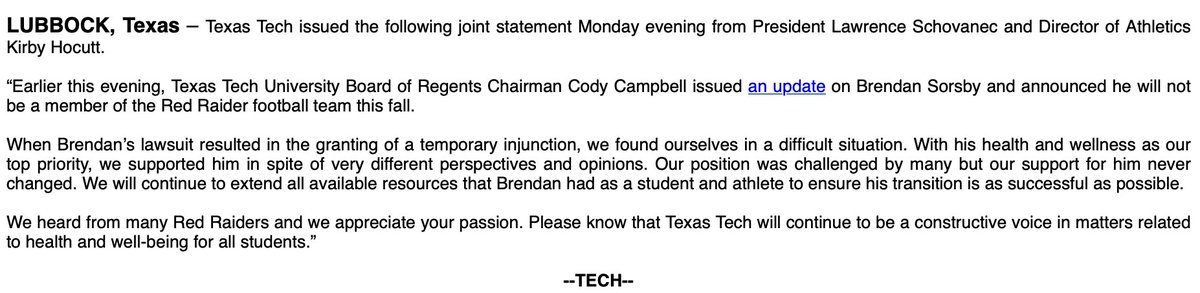 PeteThamel's tweet photo. Texas Tech statement on Brendan Sorsby: "When Brendan’s lawsuit resulted in the granting of a temporary injunction, we found ourselves in a difficult situation." https://t.co/TudKNsZ2st