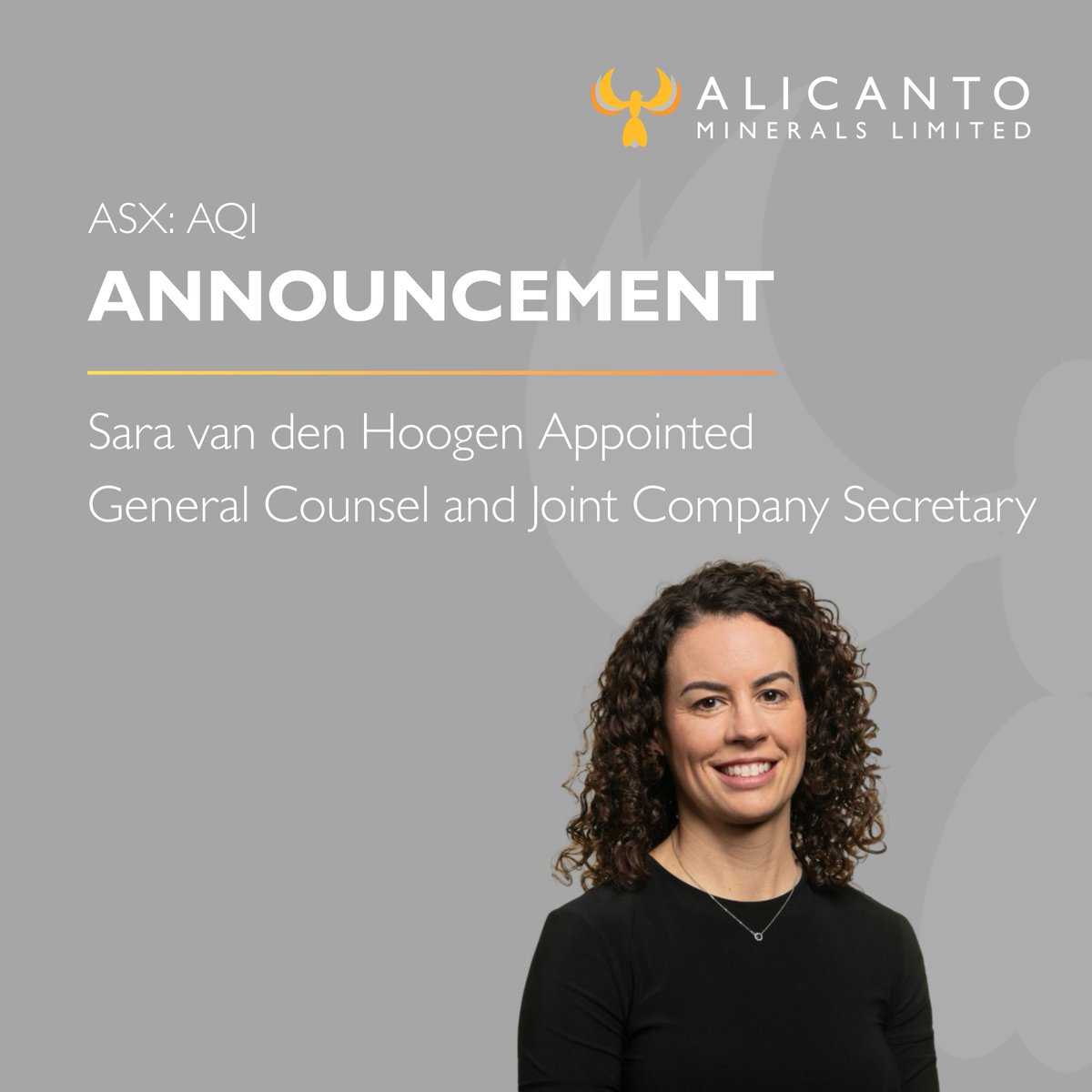 SinclairGoldLtd's tweet photo. Alicanto Minerals Ltd (ASX: AQI) is pleased to announce the appointment of Ms Sara van den Hoogen as General Counsel and Joint Company Secretary.

Read the full announcement via the link: https://t.co/ws10RAI6Ex https://t.co/TBSFfdFHDX