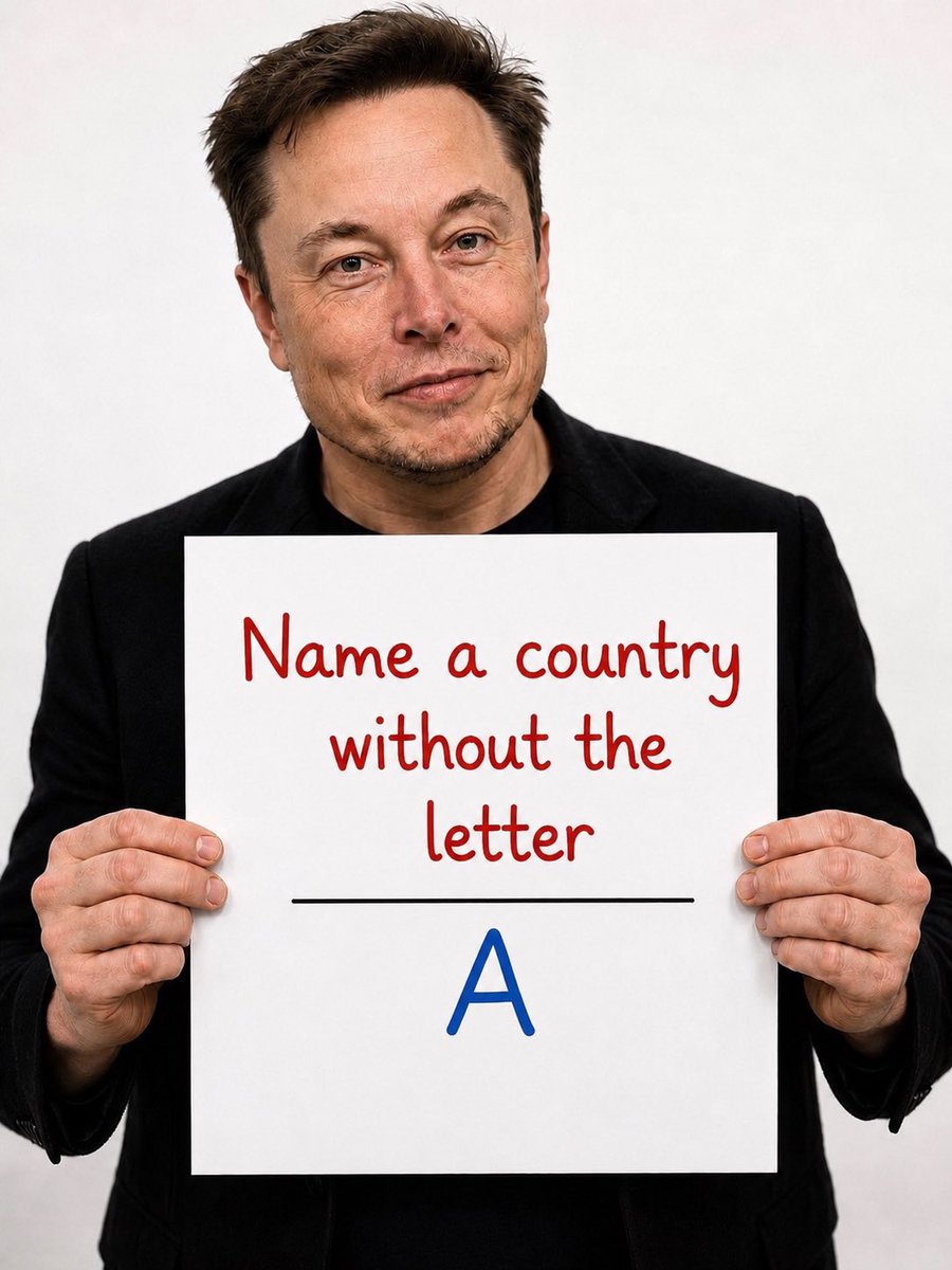 elonlover0's tweet photo. on Musk is asking this question only to geniuses. 🧠🚀

Name A country without the "letter A"?👇 https://t.co/6ygAPiYpCO