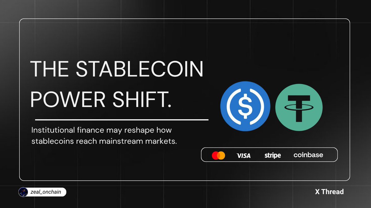 zeal_onchain's tweet photo. This is where things get interesting.

If this institutional stablecoin consortium materializes, it may not just compete with USDT and USDC.

It could gradually reshape the balance of power.

Why?

Because @Mastercard, @Visa, and @stripe already control something crypto-native stablecoins largely don’t:

real-world payment distribution.

Millions of merchants. Global payment rails. Institutional trust. Regulatory alignment.

USDT may remain dominant in trading and emerging markets.

USDC could face more immediate pressure, especially with @coinbase caught between this opportunity and its deep ties to Circle.

This feels less like a battle for market share…

and more like a structural shift in how stablecoins enter mainstream finance.