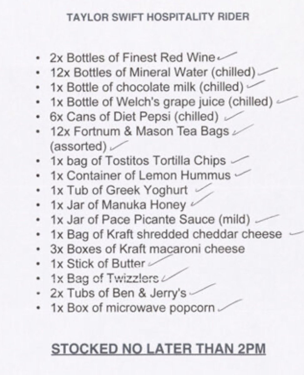 darrenrovell's tweet photo. Taylor Swift’s hospitality rider for the “Eras Tour” https://t.co/JHOpIc2tiU