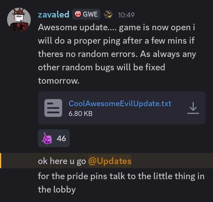 GameWithEvilNew's tweet photo. Update is out go play it go go go!
Also pride pins in game or something happy pride month all https://t.co/dKf5eIZS6v