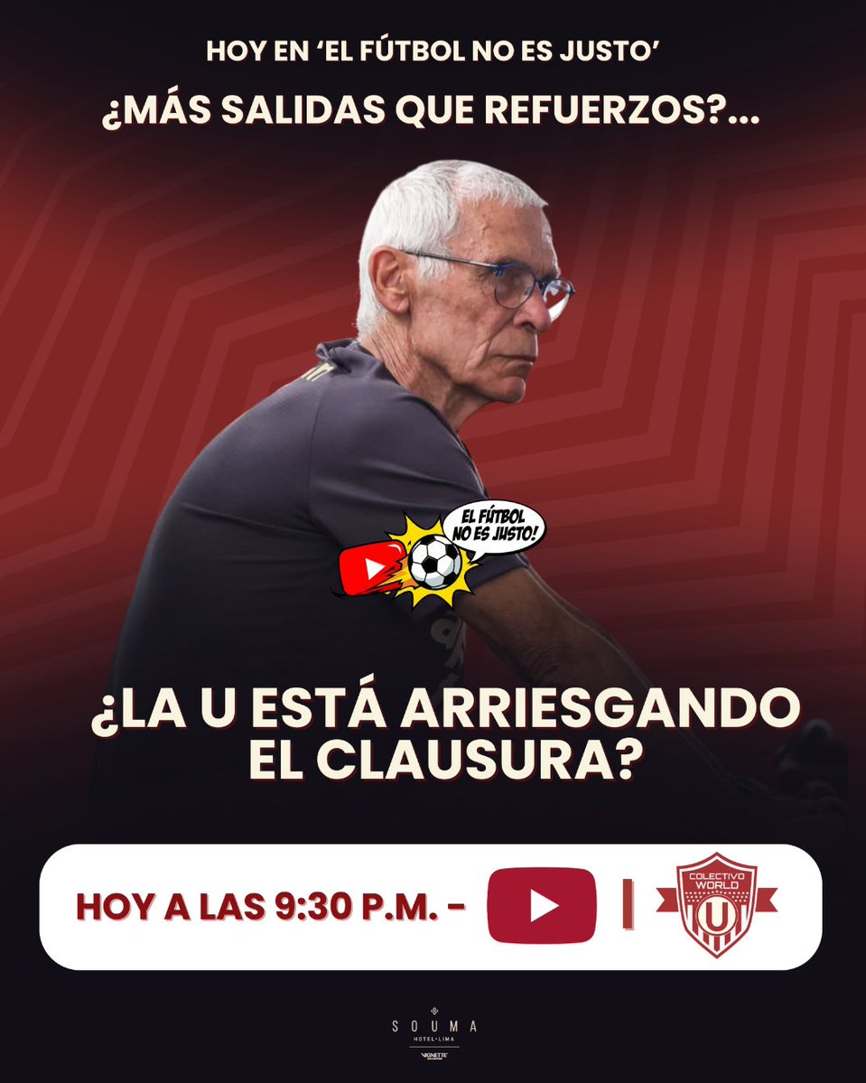 ColectivoWORLD's tweet photo. 🚨 ¿ESTAMOS ARRIESGANDO EL TORNEO CLAUSURA? ⚽🤔

Hoy en una nueva edición de 'El Fútbol No Es Justo' analizamos lo último del regreso a los entrenamientos de @Universitario. 

¿Estamos viendo más salidas que llegadas en el plantel crema?, ¿Es una limpieza necesaria, una estrategia calculada o la 'U' se está desarmando peligrosamente para la recta final del año?

Ven a debatir con nosotros y deja tu opinión. 💪🔴🟡

🕘 HOY A LAS 9:30 P.M.
▶️ ¡Conéctate a la transmisión en vivo por nuestro canal de YouTube, deja tu like y participa en el chat!
🔗 https://t.co/XXoBZbniQL 

#Universitario #ColectivoWorld #ElFutbolNoEsJusto #YdaleU