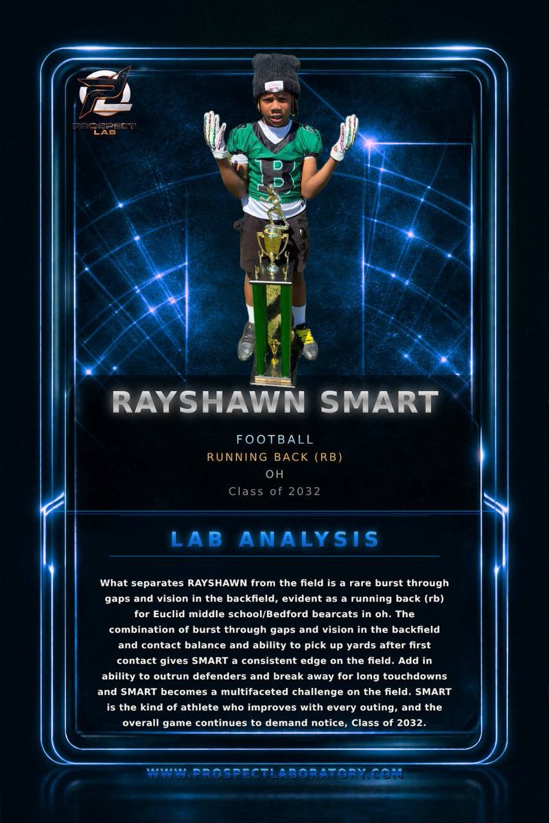 prospect_labs's tweet photo. Rayshawn Smart 🏈
RB | OH | Class of 2032
A dynamic running back with vision, burst, and balance. Smart finds lanes, breaks tackles, and turns big-play chances into points.
#ProspectLaboratory #Football #RunningBack #RB #ClassOf2032 #OHFootball #FutureStars #JoinTheLab 🧪 https://t.co/5noScJUOzW