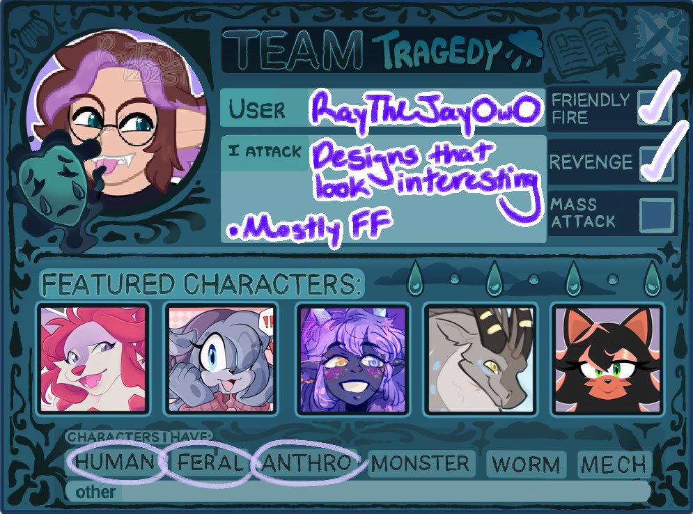 RayTheJayOwO's tweet photo. Artfight 2026 💜
Another year, another artfight!!! 
Let’s go #teamtragedy https://t.co/TnwFwgAVZH