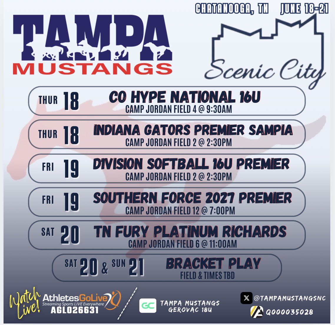 TampaMustangsNC's tweet photo. No rest for the weary. Come check out this talented group as we get back on the dirt in TN 🐎🥎💪

@TampaMustangs @LineDsoftball @ExtraInningSB @ConnectSports_ @TCSFastpitch @TopPreps @SoftbalAmerica @CoastRecruits @SBRRetweets @D1Softball @AGLSoftball @PGFnetwork @CamWoodBats https://t.co/Pr3X71R2TX