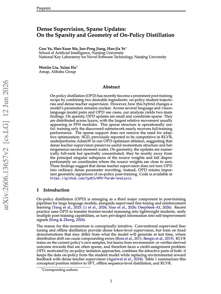 SeanYoung1995's tweet photo. Alibaba Group and several collaborative research groups have investigated On-Policy Distillation (OPD) in Large Language Models (LLMs) and Vision-Language Models (VLMs), revealing that despite using dense teacher supervision, it induces small and coordinate-sparse parameter updates.

Imagine a sculpture instructor who gently files down a few microscopic rough edges on a student's sculpture rather than rewriting the entire structure from scratch. Checkpoint delta analysis demonstrates that OPD behaves more like sparse on-policy reinforcement learning than dense supervised fine-tuning.

This geometric insight indicates that the on-policy data distribution, rather than reward sparsity alone, acts as the primary driver behind localized and sparse weight updates during model post-training.

https://t.co/lLOfRzO5qp