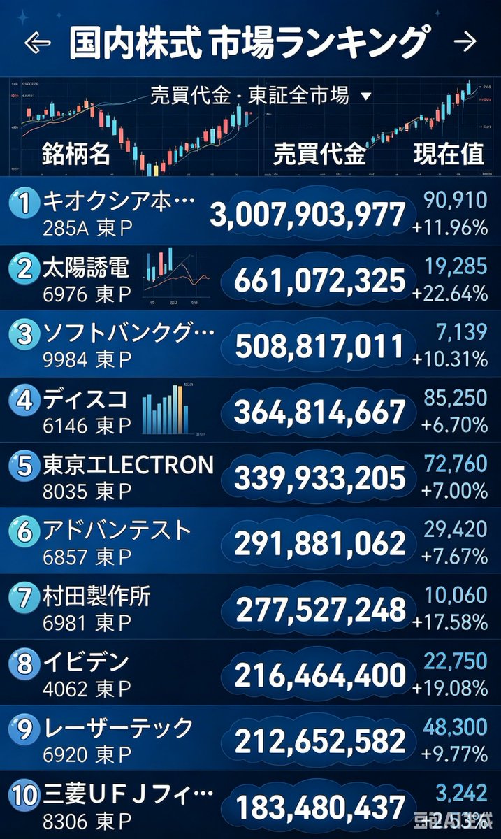 KeigoW2's tweet photo. 今日の東証売買代金TOP20🤩
さすが「キオクシア」‼️ぶっちぎりの1位ですね
全体的に半導体関連銘柄が多いですね
皆さん、ぜひ一緒に交流しましょう。
#株クラ #日本株 #半導体 https://t.co/UWcfIGQcoU