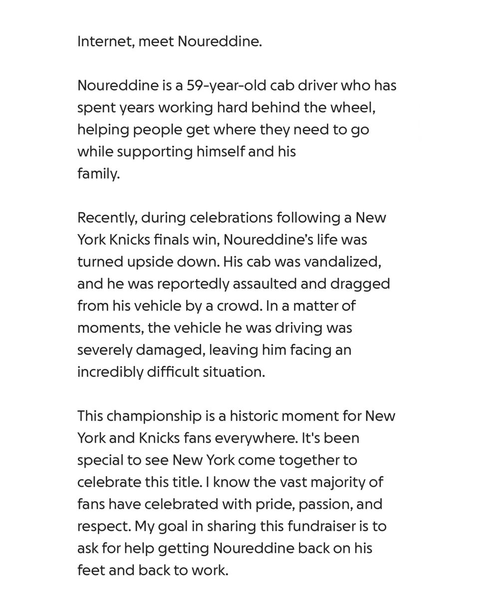 Complex's tweet photo. They found him 🫂

New York Taxi Workers Alliance have put together a GoFundMe for Noureddine who unfortunately had his car wrecked during the Knicks Celebrations on Saturday ❤️‍🩹 https://t.co/KZbqlJITMw
