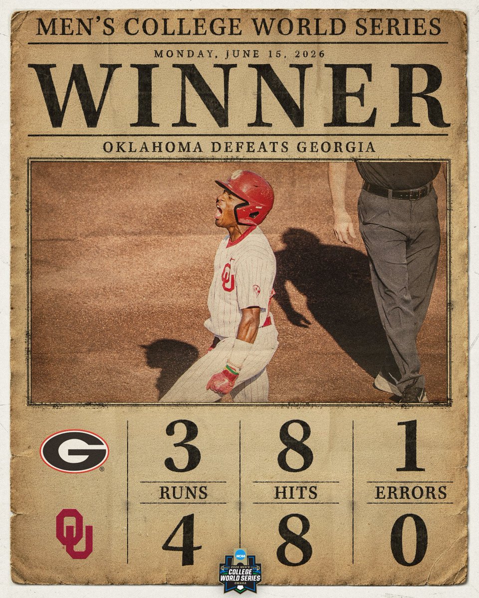 NCAABaseball's tweet photo. BOOMERRRRR ☝️

@OU_Baseball defeats (3) Georgia, 4-3, in Game 8!!

#MCWS https://t.co/YeFbz5zN2H