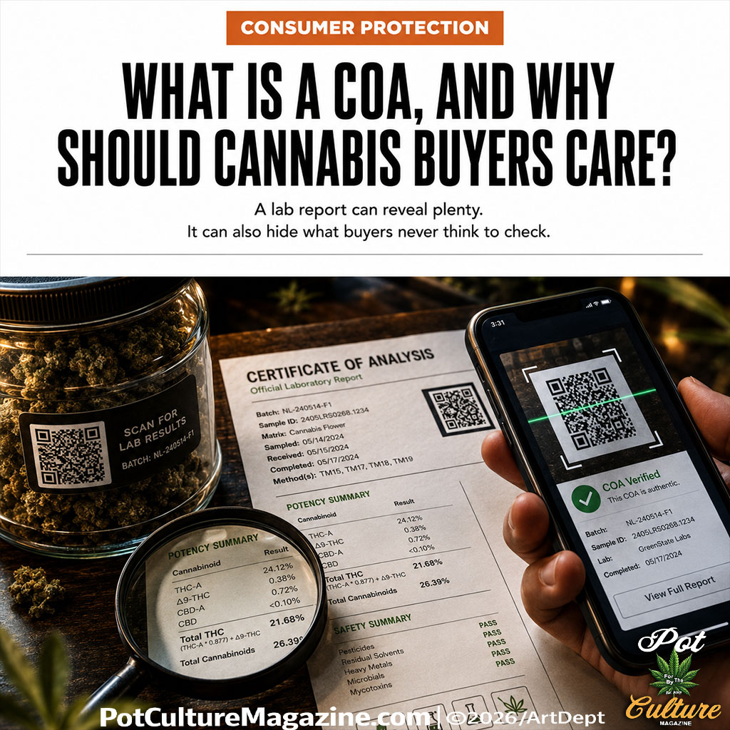 PotCultureMag's tweet photo. Tomorrow at 10 AM CST. What Is a COA, and Why Should Cannabis Buyers Care? A lab report can help, but only if buyers know when the paperwork proves something and when it is just a QR-coded prop. #PotCultureMagazine #CannabisCOA #CannabisTesting #CannabisCulture #Cannabis #Lab https://t.co/MVc4fGzsv9