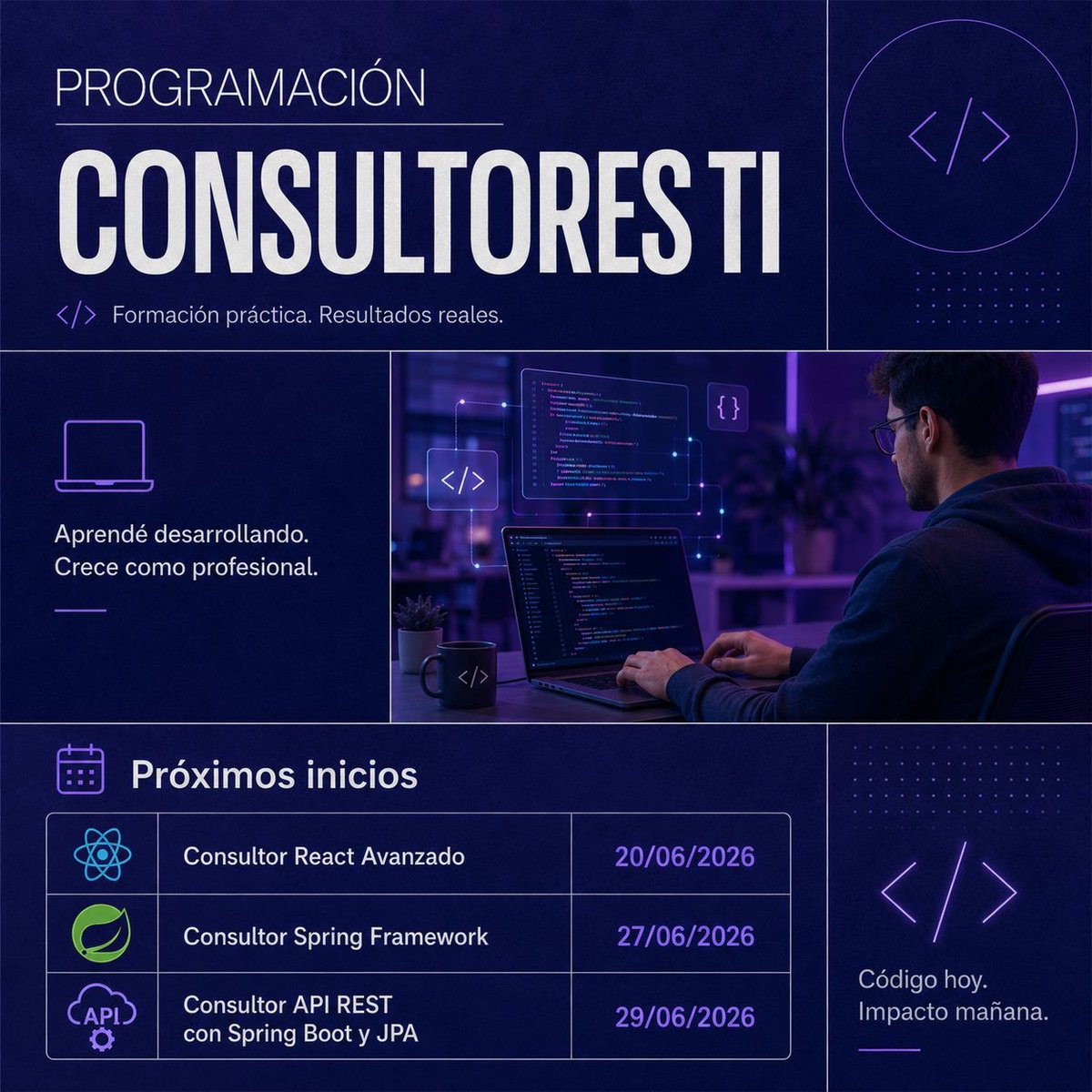 tecgurusnet's tweet photo. 🔥 Junio viene con nuevos inicios para desarrolladores
Si quieres fortalecer tu perfil técnico, estos cursos son para ti:
👇 ¿Cuál curso te interesa? Comenta React, Spring o API REST y te mandamos más información.
#DesarrolloWeb #BackendDeveloper #FrontendDeveloper #React https://t.co/kDRuuZOjFO