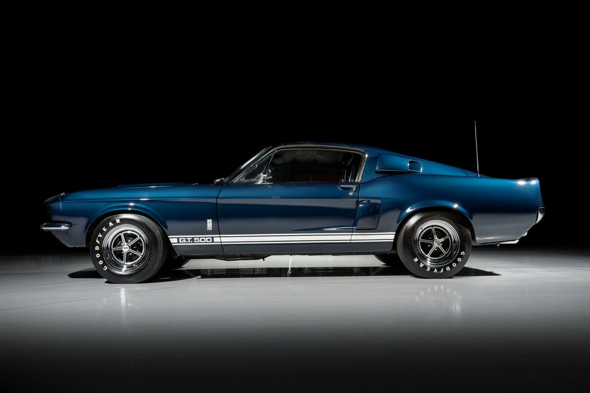 hypercarsio's tweet photo. One of 420 Nightmist Blue GT500s. 428 Police Interceptor V8 with a three-speed auto—restored, under 25k miles, and sold for $290k. https://t.co/glB44PJqEJ