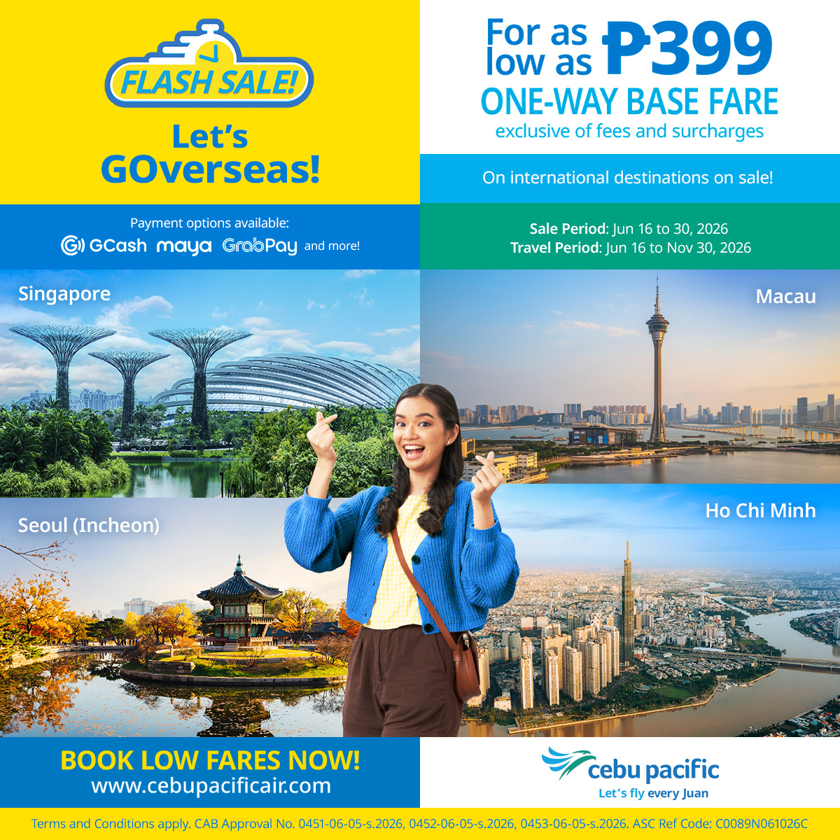 CebuPacificAir's tweet photo. Siguradong sulit ang next overseas travel mo! Book your flights now at https://t.co/taKDgpUG24 with fares as low as โฑ399 (excl. of fees) ๐โ๏ธ
Sale period is from June 16 - June 30, 2026 and travel period is from June 16 - Nov 30, 2026! #LetsFlyEveryJuan https://t.co/qSyHwbE6gh