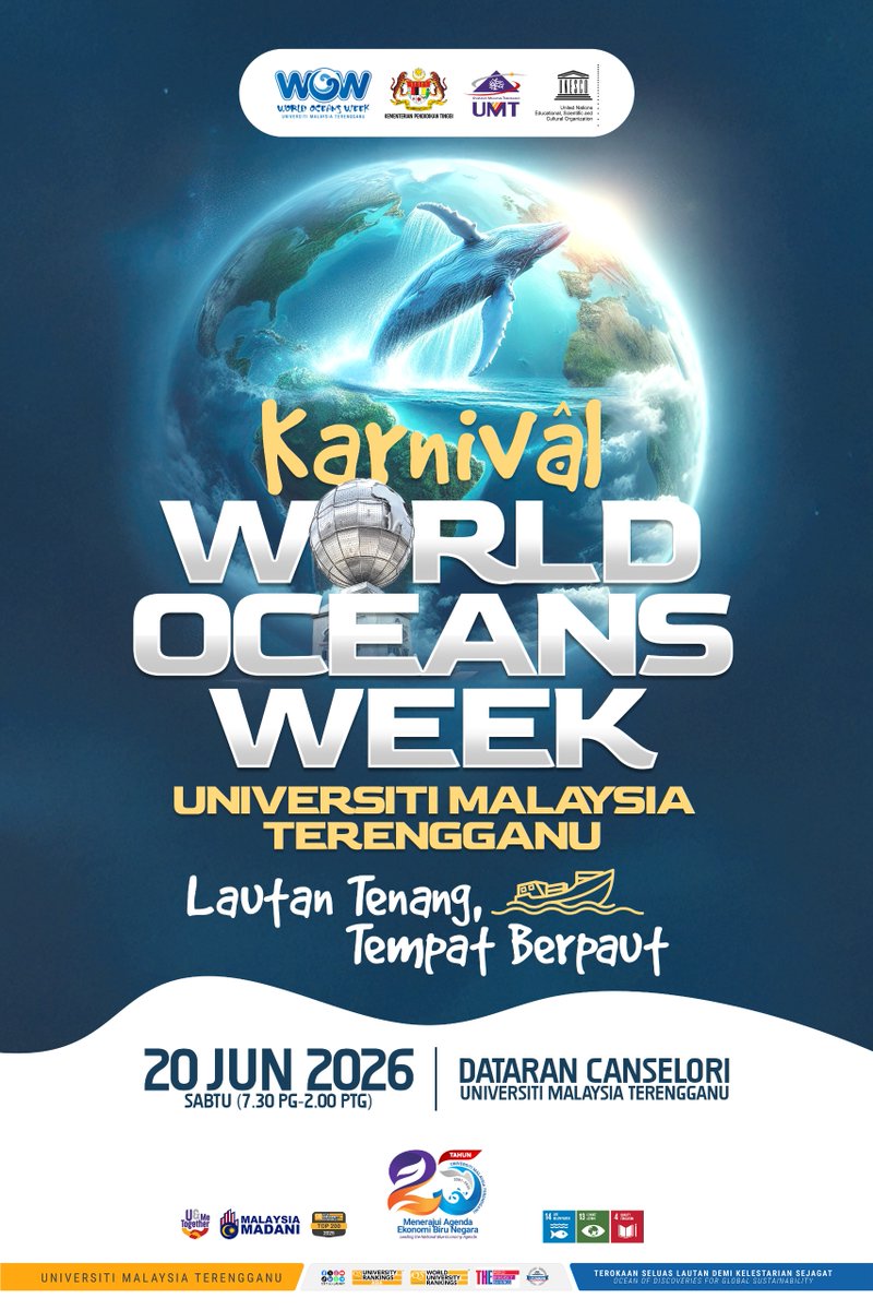 UMT_Official's tweet photo. Program Karnival World Oceans Week 2026 (WOW 2026) yang merupakan program tahunan berimpak tinggi berteraskan kesedaran dan kelestarian lautan.

📅 Tarikh: 20 Jun 2026
📍 Tempat: Dataran Canselori UMT https://t.co/B1kidxvX16