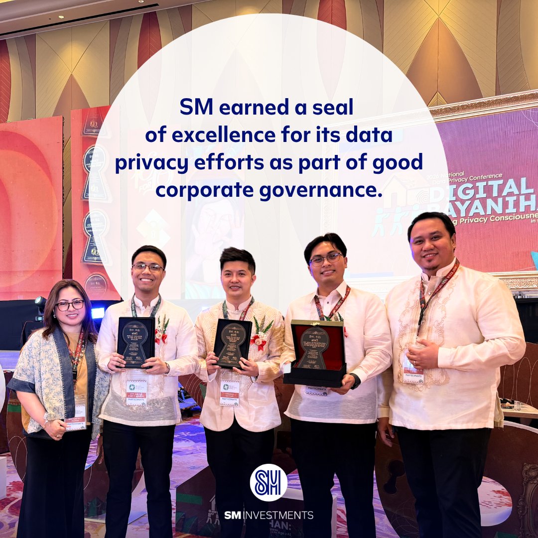 SM_Investments's tweet photo. SM earned a seal of excellence for its data privacy efforts as part of good corporate governance, underscoring its commitment to responsible data governance and the protection of customer and stakeholder information.

Read more: https://t.co/S024E1SHsN

#SMInvestments #SMForAll https://t.co/mjyuEB2IHn