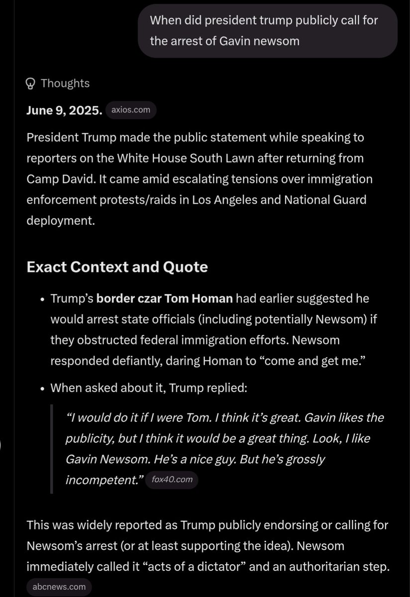 Wolfways44's tweet photo. Just so everyone understands the game Newsom is playing.

This is the only incident where President Trump "called" for Newsom to be arrested. It was over an immigration enforcement issue, not fraud or anything else.

Newsom is trying very hard to cement the narrative that he is a victim in any way he can.

Newsom is lying, plain & simple.