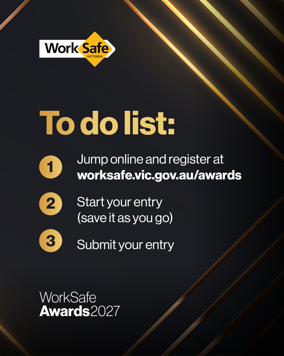 WorkSafe_Vic's tweet photo. Entries for the 2027 WorkSafe Awards are open until June 30.

Are you, or do you know, an individual or business in Victoria going above and beyond to reduce workplace harm or improve outcomes for injured workers?

Nominate today 👉 https://t.co/wMidqXQ872 https://t.co/4V0ajbsYWE