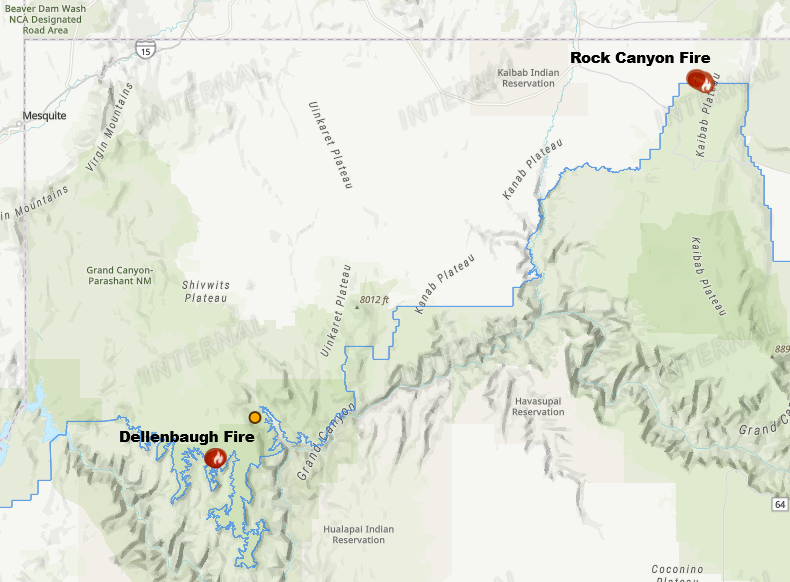BLMArizona's tweet photo. Fire Information  -- June 15, 2026  
Arizona — Rock Canyon Fire & Dellenbaugh Fire 
Wildland firefighters from the @USWFS, USFS, and local area fire departments are working to actively suppress 2 wildland fires in northwest Arizona.
 
Rock Canyon
36° 54.94’ x 112° 12.19’
Lightning caused
500 acres + estimated
Location: 9 miles south of HWY 89, 9 miles west of House Rock Valley Rd
Fire Behavior: Extreme fire behavior with running, torching and spotting.
Approx. 50 personnel on scene from USWFS, USFS, NPS.  Additional resources on order. 
 
Dellenbaugh Fire
36° 04.50' x 113° 32.12'
Lightning caused
400 acres + estimated
Location: NPS [Grand Canyon-Parashant National Monument] south of Mount Dellenbaugh 
Structures threatened 2 miles to the north, 2 miles to the northeast
Fire Behavior: Extreme fire behavior with running, torching, and spotting
16 personnel on scene from USWFS. Additional resources on order