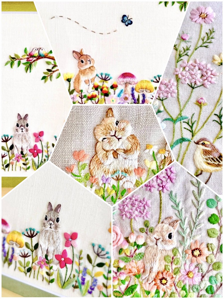 みんなでシェア☆企画展 参加させる頂きます。 うさぎや花の刺繍をし