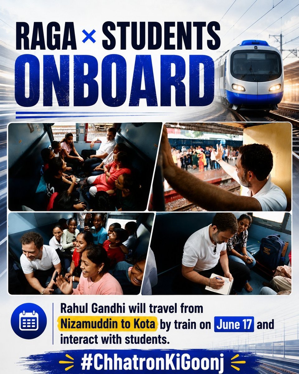 INCTamilNadu's tweet photo. From Nizamuddin to Kota, Thiru Rahul Gandhi will travel by train on June 17 and interact directly with students.🔥

#ChhatronKiGoonj https://t.co/O8uP68Xdwf