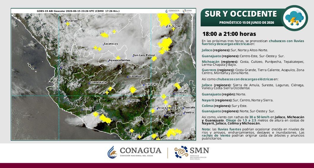 conagua_clima's tweet photo. #Chubascos, #Lluvias fuertes, #DescargasEléctricas, #Rachas de #Viento y #Granizo, se prevé en estados del norte, occidente, oriente, sur y sureste de #México, en las próximas horas. En la #PenínsulaDeYucatán se esperan lluvias aisladas, y #Oleaje en estados costeros. Ve más  ⬇️ https://t.co/R86ZXr3WTs