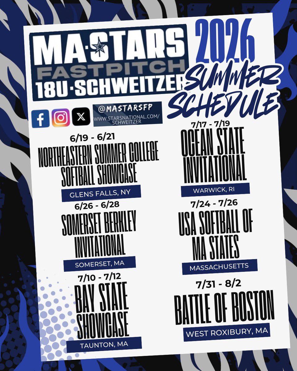 MAStarsFP's tweet photo. ⭐️⭐️⭐️It’s here!! 2026 Summer Season Schedule Drop!!!! Lets go!⭐️⭐️⭐️#starsfastpitch #mastarsfastpitch #mastarsfastpitchschweitzer https://t.co/wZ9EBfyYE1