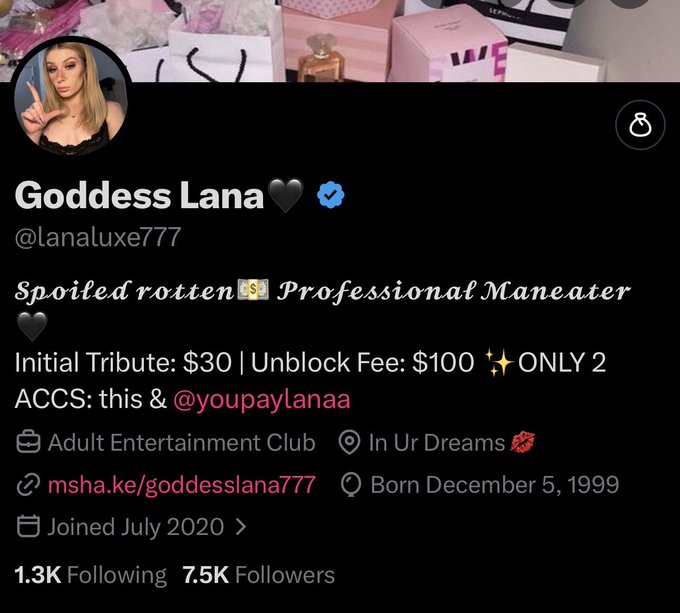 Goddess Lana🖤 - Just hit 7500🖤✨ If you’re smart & know how to celebrate a goddess like me, you’ll s3nd $75/$750/$7500 to impress me💵🥂🫰🏻🙇🏻 https://t.co/ageaaRSaed