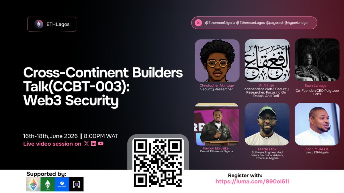EthereumLagos's tweet photo. Protocol security is the ultimate flex.

We’re bringing together top-tier security researchers and engineers to discuss the current state of Web3 security for CCBT-003. 

Whether you're a dev or a researcher, this is where you want to be tonight.

Get the blueprint for building secure, resilient decentralized applications from cross-continent experts.

Featuring insights from:
Polytope_labs, Lagos
Quill Audits, UAE
Researcher, Egypt 
& more!

 Live on X, LinkedIn, & YT

 ⏱️8:00 PM WAT
 🤝Sign up here: https://t.co/Mo009AaWUV

 See you there!
@seunlanlege @FavourEbrusike @paycrest