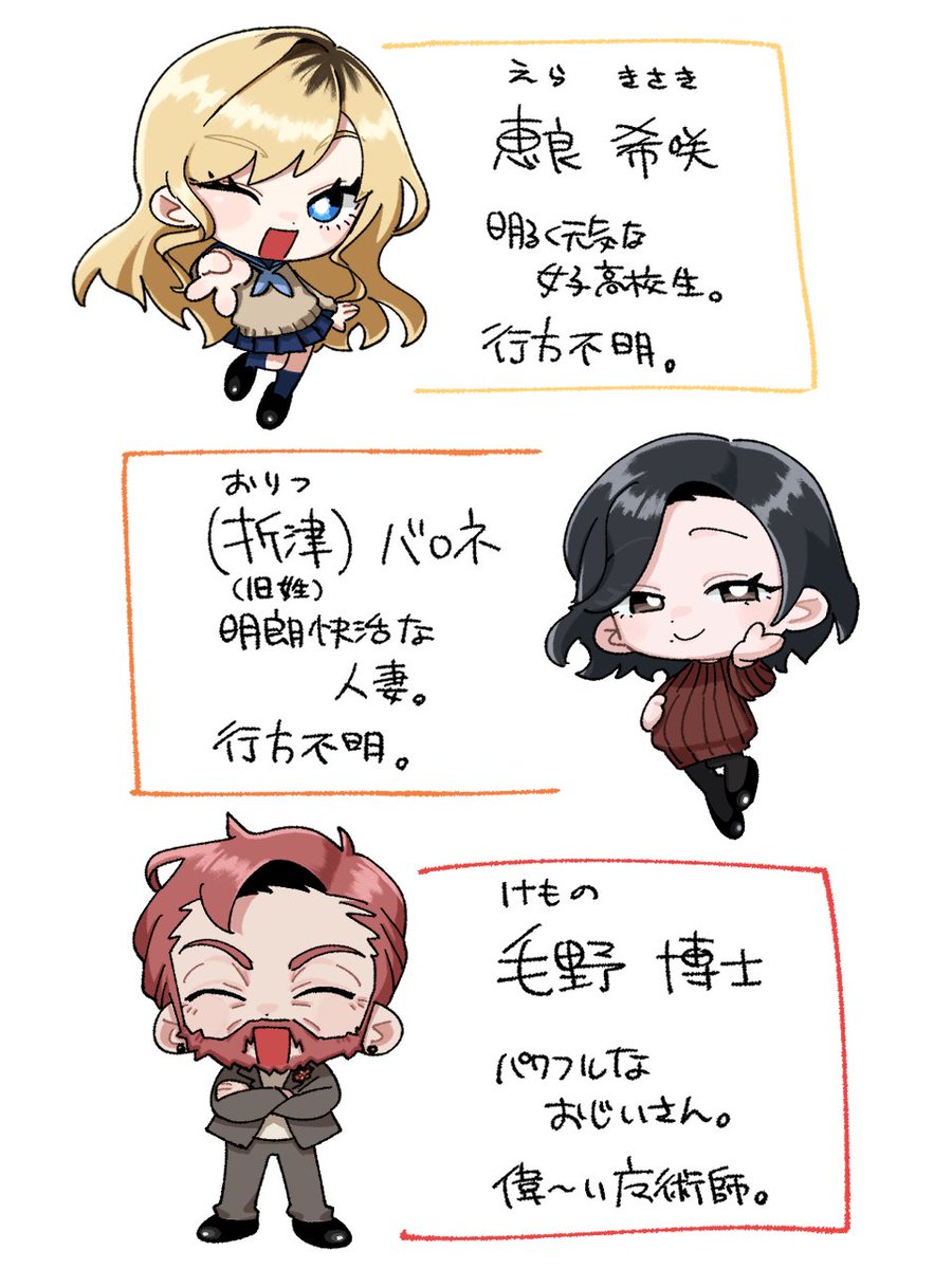 qowqowqow's tweet photo. 『名探偵と魔術師』の中でも2話以上にまたがって登場するNPCをネタバレなしで紹介するぜ　他にも被害者と被疑者が20人くらい出てくるよ🦄🌱探偵ものは登場人物が多い！ https://t.co/mXNqZxZfuC