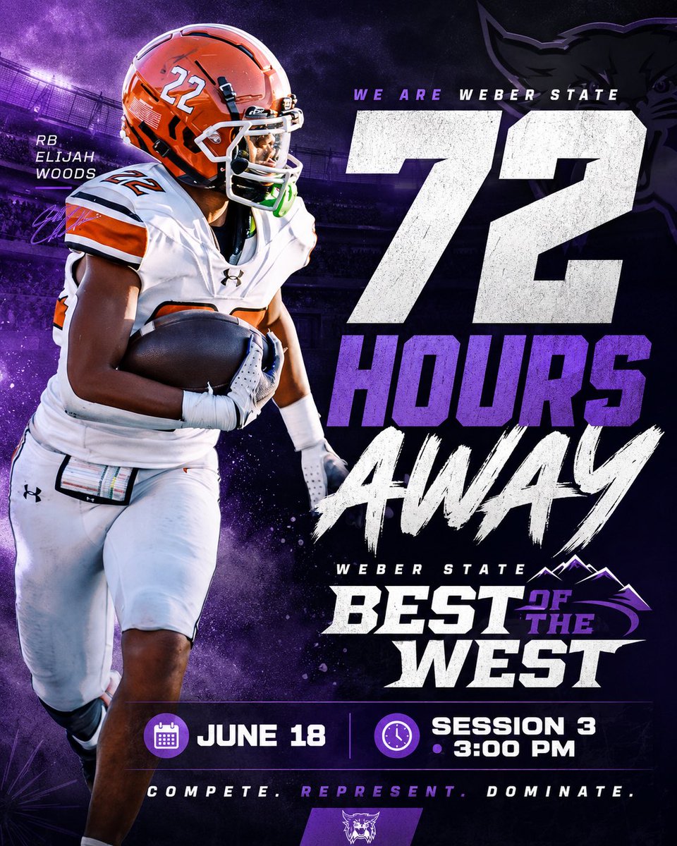 Elijah_X_Woods's tweet photo. 72 hours away.
I’ll be competing at Weber State’s Best of the West Mega Camp on June 18 during Session 3 at 3:00 PM.
Ready to compete, be coached and show my complete game as a running back.
@weberstatefb
#BestOfTheWest #WeberStateFootball #ClassOf2027 #RunningBack #UtahFootball https://t.co/jLtKaPgaFv