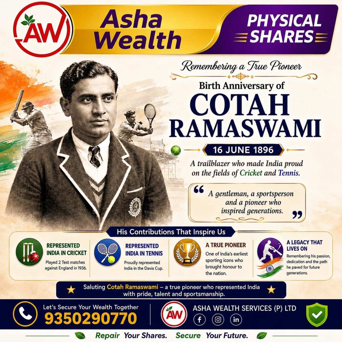 RepairUrShares's tweet photo. #CotahRamaswami was an Indian cricketer and tennis player. He played Tests in 1936, notable for scoring fifties in both innings on debut. #AshaWealth #DuplicateShares #PhysicalShares #RepairYourShares #LostShares #IEPFassist #Transmission #Shares https://t.co/mddjSJTdqA