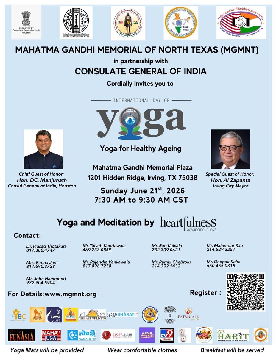 cgihou's tweet photo. 🧘 IDY 2026 celebaration in Dallas, DFW! 🧘

Join us for a special International Day of Yoga 2026 celebration organized by the Mahatma Gandhi Memorial of North Texas (MGMNT) in partnership with the Consulate General of India, Houston.

Theme: Yoga for Healthy Ageing

📅 Sunday, June 21, 2026
⏰ 7:30 AM – 9:30 AM CST
📍 Mahatma Gandhi Memorial Plaza, Irving, Texas

The event will feature Yoga and Meditation sessions by Heartfulness and is open to all.

Kindly register and join us in celebrating the timeless gift of Yoga.

#InternationalDayofYoga #InternationalDayofYoga2026 #स्वस्थ_आयु_के_लिए_योग #YogaForHealthyAgeing #IDY #IDY2026 #Yoga365 #HarGharYoga #PMKeSaath #VandeYoga #GangotriSeGangasagar #CGIHouston #MGMNT #Heartfulness #IrvingTX

@IANT_TX