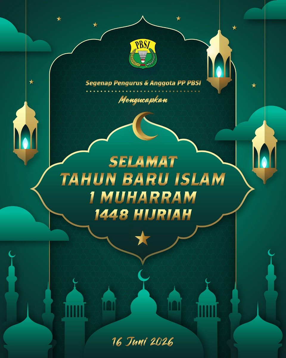 INABadminton's tweet photo. Selamat Tahun Baru Islam 1 Muharam 1448 H.

Semoga tahun ini selalu diberikan keberkahan dalam setiap niat dan langkah baik kita semua.

#BadmintonIndonesia https://t.co/T5RZ2f0Z59