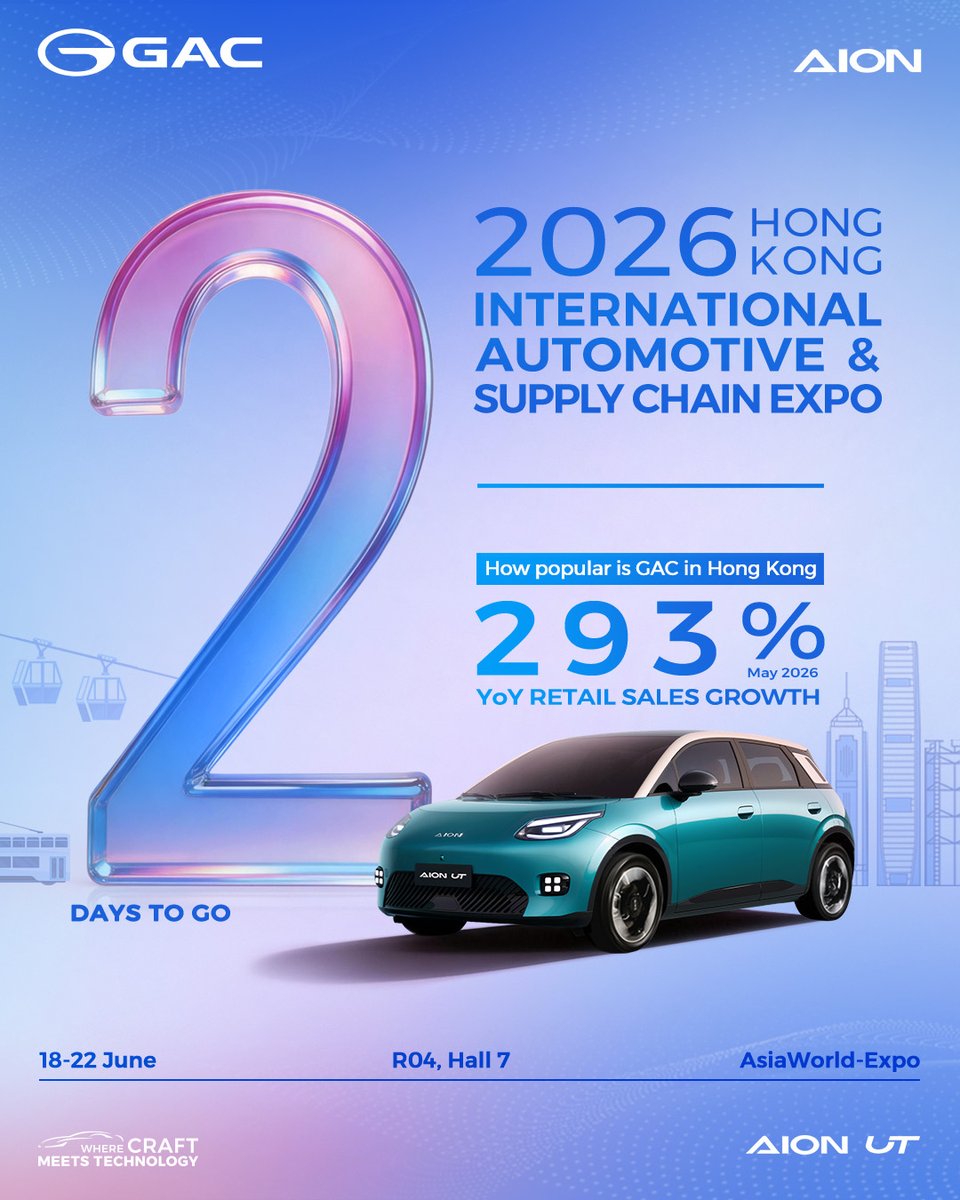 GAC_MOTOR's tweet photo. ⏳ 2 DAYS TO GO.
The pace is picking up in Hong Kong. More journeys, more connections, and a growing presence on the streets — GAC keeps moving forward. 📈

See what’s driving the progress at the 2026 Hong Kong Auto Expo. 🚗

📅 June 18–June 22, 2026
📍 R04, Hall 7, AsiaWorld-Expo

Learn more: https://t.co/4O7aHxqjGj
#GAC #WhereCraftMeetsTechnology #2026HKAutoExpo #ComingSoon