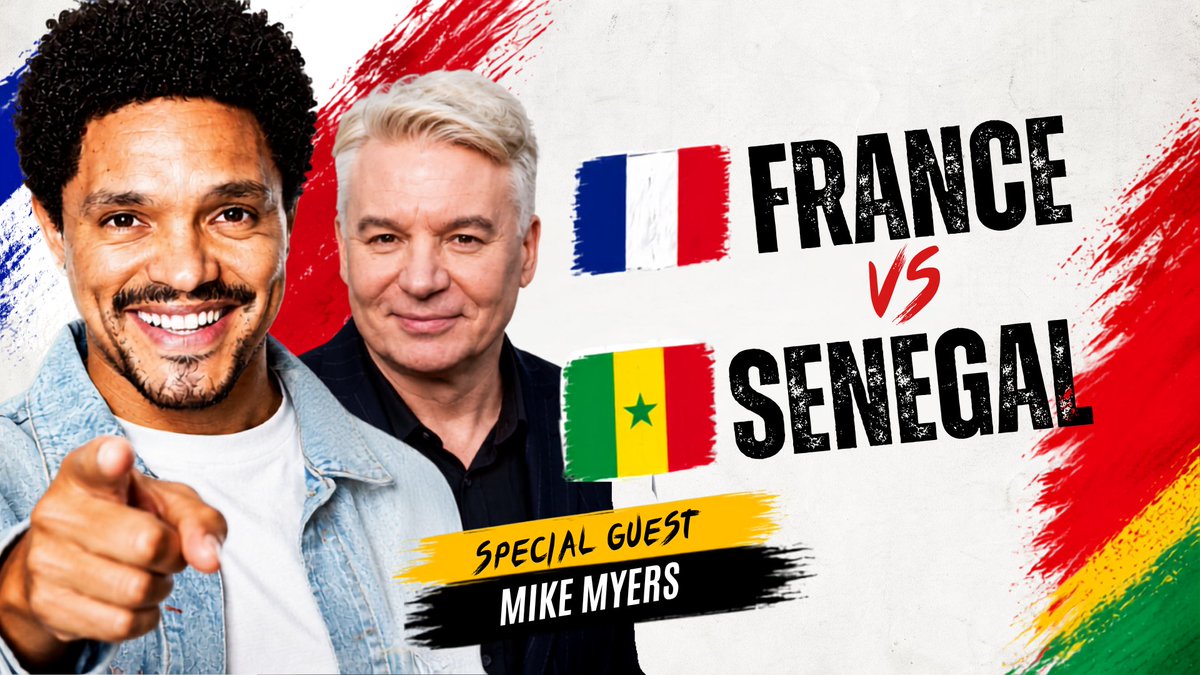Trevornoah's tweet photo. Tomorrow we're watching France 🇫🇷 vs Senegal 🇸🇳 together...

...and Mike Myers is joining the watch party.

Come hang out with us live!

Go to my YouTube Channel and set the reminder!

#WorldCup #France #Senegal https://t.co/e0chvwaTqk