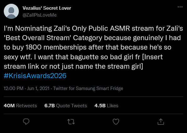 Tyrant_Vanta's tweet photo. NOW "how do I nominate something Crowshi?"

I'm glad you asked!

All you'll do is tweet whatever you're nominating with the hashtag #KrisisAwards2026 and MAKE SURE that whatever award category you're nominating for is in the written part of the tweet! Here's some examples! https://t.co/Jgy009GfQL