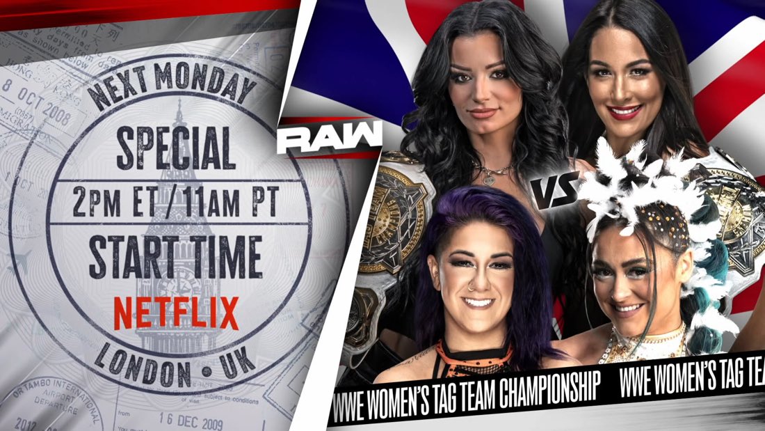 WrestlePurists's tweet photo. 🚨 OFFICIAL

Paige &amp; Brie Bella defend the WWE Women’s Tag Team Championships vs. Bayley &amp; Lyra Valkyria next Monday 

#WWERAW https://t.co/ZADTUJK0Mq
