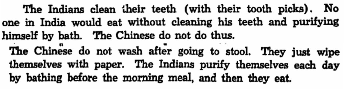 Helios18818's tweet photo. chinese lies a lot
his view on china was bizzare and filled with praises of india, let me tell what he said about china and india

1. He said chinese were dirty and never bathe, in contrast indian bathe everyday two times
2. Sulaiman wrote chinese never brush their teeth unlike indian who brush everytime before eating.
3. Sulaiman wrote Chinese sell human meat in market and various animals like dogs which he find disgusting
4. Sulaiman wrote chinese dont even wash their back after defecation unlike who wash themselve after that,
5. he wrote walls of city of india is made up of proper bricks unlike primitive china where it was made up of wood,
6. Sulaiman wrote chinese house are like thatched straw wooden unlike indian who made proper bricks house with proper roof
7. Sulaman wrote all religon and idols with features(culture) come from india
8. In china when person died chinese mourn him for days before burying him, unlike india where it was quite lenient
9. He also write medical knowledge of indian along with astronomical mathematical is greater than chinese, and most advance in world of that time