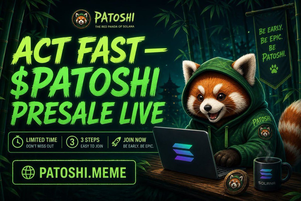 up18177's tweet photo. The $PATOSHI Presale is officially LIVE 🐼🚀

Early interest is building, and the process is easy to follow from start to finish:

✅ Sign up with Telegram or Email
✅ Send USDT/SOL via the Presale page
✅ Track your investment instantly from your dashboard

All your presale allocation, quest rewards, and airdrop earnings are available under the TOKEN tab.

📌 Before trading begins on listing day, make sure your Solana wallet address is added. Your $PATOSHI will be delivered directly to your wallet, and you can track delivery status live from your account.

⚠️ Important: Use a Solana-compatible wallet only. The wrong network may result in lost tokens.

🌐 https://t.co/NYaF8OmOtm
💬 @patoshimeme
🐦 @patoshimeme

Are you watching $PATOSHI before launch? 👀

#PATOSHI #Solana #Presale #Crypto #MemeCoin #Web3 #DeFi #Airdrop