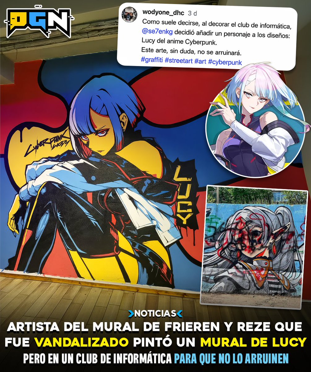 pgn_pe's tweet photo. El artista urbano conocido como 𝘄𝗼𝗱𝘆𝗼𝗻𝗲_𝗱𝗵𝗰 de Kirguistán, famoso por pintar el mural de Frieren y Reze de Chainsaw Man que 𝗳𝘂𝗲 𝘃𝗮𝗻𝗱𝗮𝗹𝗶𝘇𝗮𝗱𝗼 más de una vez, ha compartido con nosotros su nueva obra: Un hermoso 𝗺𝘂𝗿𝗮𝗹 𝗱𝗲 𝗟𝘂𝗰𝘆 𝗱𝗲 𝗖𝘆𝗯𝗲𝗿𝗽𝘂𝗻𝗸 𝗘𝗱𝗴𝗲𝗿𝘂𝗻𝗻𝗲𝗿𝘀.

👉 Esta vez está seguro de que nadie lo arruinará. El motivo es simple: 𝗲𝘀𝘁𝗮 𝘃𝗲𝘇 𝘆𝗮 𝗻𝗼 𝘀𝗲 𝗲𝗻𝗰𝘂𝗲𝗻𝘁𝗿𝗮 𝗲𝗻 𝗹𝗮 𝗰𝗮𝗹𝗹𝗲.

El mural fue pintado dentro de un club de informática, por lo que será resguardado tanto por el dueño como por sus fieles clientes.