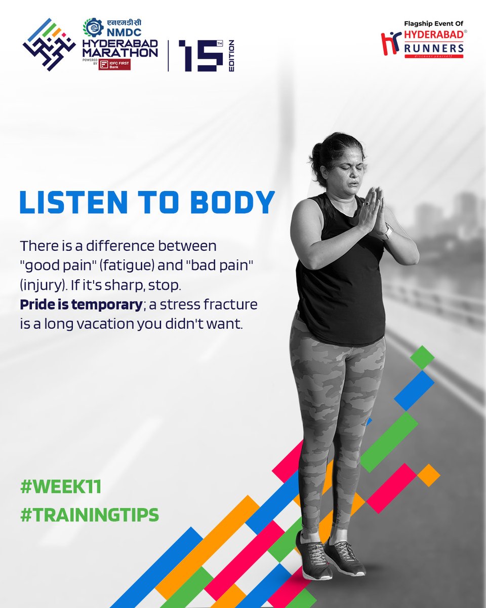Marathon_Hyd's tweet photo. Not every ache is a badge of honour. Learn the difference between fatigue and injury, and remember: resting when needed is part of becoming a stronger runner. A missed run today is better than missing race day tomorrow.

Train smart. Recover smarter. Your body always knows first https://t.co/v1UszUmGWq