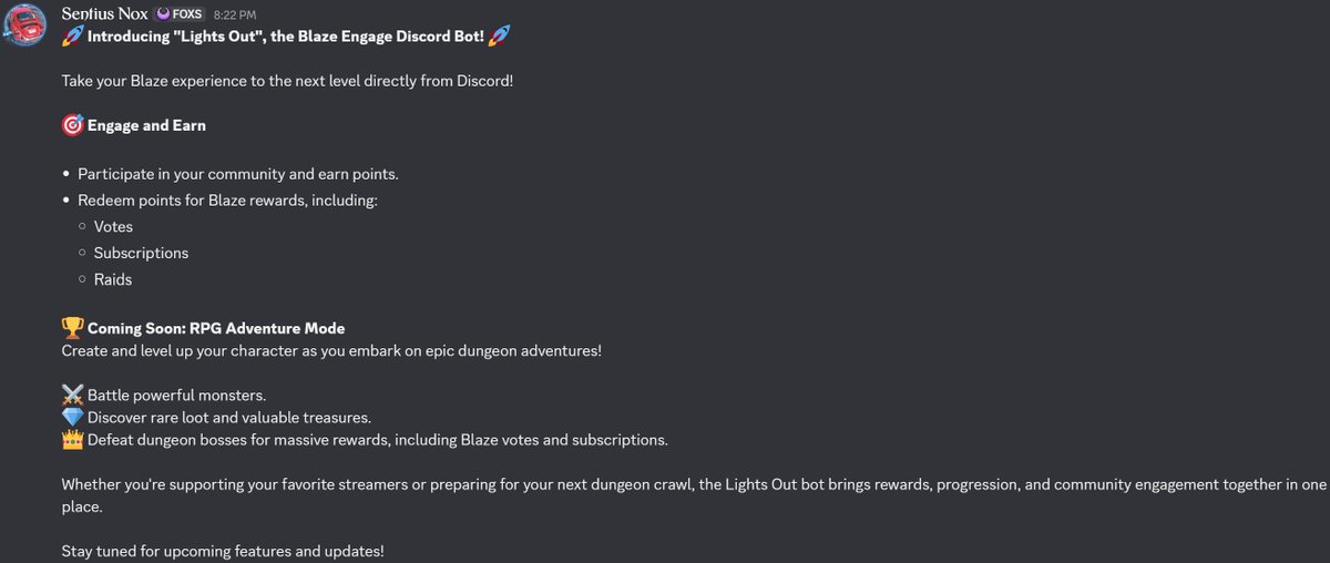 Sentius_Nox's tweet photo. A new bot has come on the scene. I have created an engagement bot for https://t.co/YrxzQLBbTG called Lights Out. Come check it out in the Fox Spirits discord.

@FoxSpiritsFOXS 
@blaze_stream https://t.co/8OPULEH9NH
