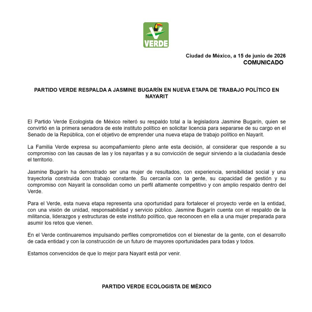 partidoverdemex's tweet photo. En el Partido Verde refrendamos nuestro respaldo a Jasmine Bugarín (@JasminBugarin) en esta nueva etapa de trabajo político en Nayarit. 

Su experiencia, cercanía con la gente y compromiso con el estado fortalecen el proyecto verde y la construcción de un mejor futuro para las y los nayaritas. 💚🌱

https://t.co/XM5UCSGePi