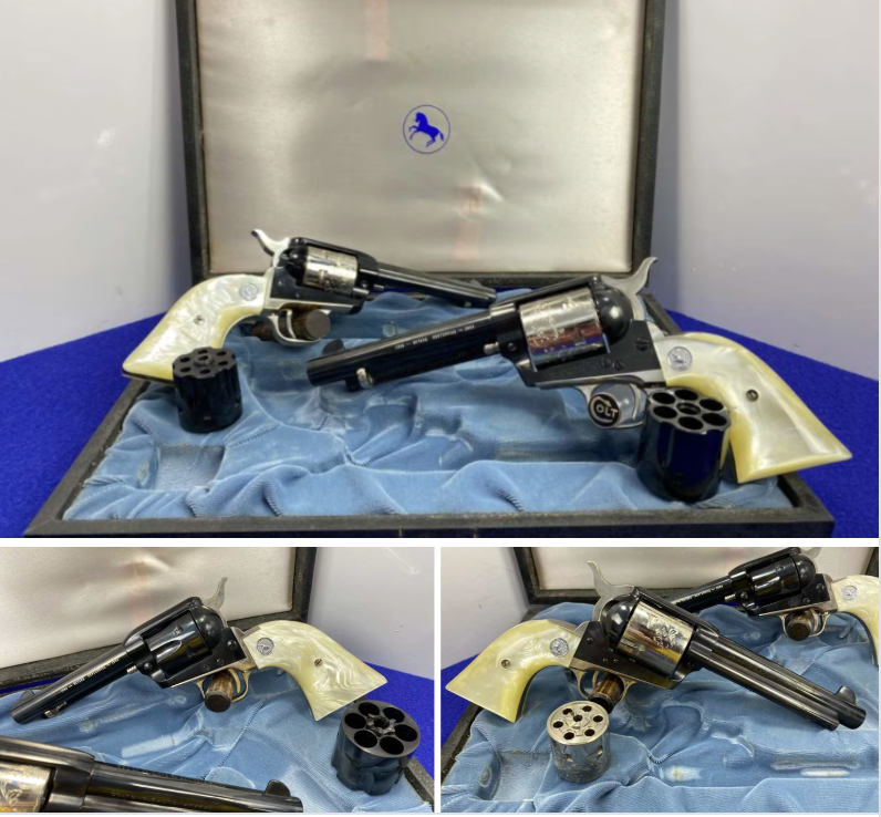 GunBroker's tweet photo. 🔥 Factory Engraved Colt Nevada Statehood Centennial Set 
 
🔗 View the set: https://t.co/PAo3fjPVwX

This limited-edition Nevada Statehood Centennial set pairs a factory-engraved Single Action Army in .45 Colt with a matching Single Action Frontier Scout, complete with dual cylinders and presentation case.

Matched commemorative sets like this are seldom seen—especially in such exceptional condition.

#Colt #SingleActionArmy #FrontierScout #45Colt (sponsored)