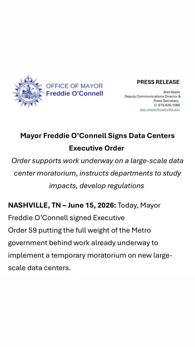 hopeontv's tweet photo. Nashville Mayor Freddie O’Connell signed an executive order directing Metro to review the impact of large-scale data centers on surrounding communities. The move follows community pushback over a proposed data center near the Nashville Zoo. @FOXNashville https://t.co/G8T0HO0Q2T
