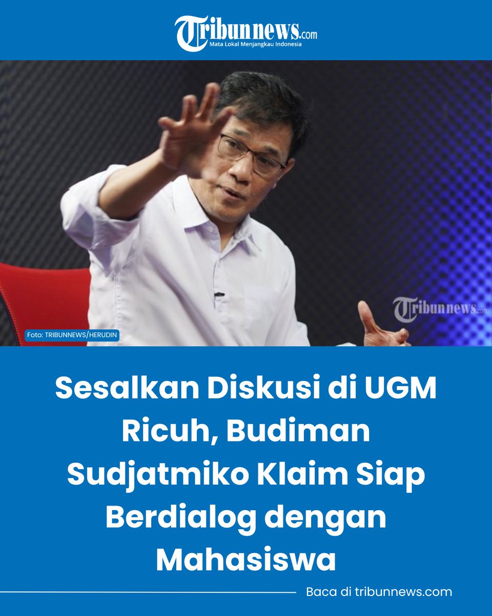 tribunnews's tweet photo. Kepala Badan Percepatan Pengentasan Kemiskinan (BP Taskin) Budiman Sudjatmiko menyesalkan berakhir ricuhnya forum diskusi yang digelar di Universitas Gadjah Mada (UGM), Yogyakarta, Senin (15/6/2026) malam.

Budiman mengaku sebenarnya dia siap berdialog secara terbuka dengan mahasiswa. Namun, situasi yang semakin tidak kondusif membuat petugas keamanan memutuskan mengevakuasinya dari lokasi acara.

"Seharusnya kita bisa berdialog dengan sehat dan lancar. Saya mau kok berdiskusi dengan mahasiswa. Tapi tadi sayangnya kondisinya sudah tidak kondusif," ujar Budiman dalam pesan yang diterima, Selasa (16/6/2026).

Selengkapnya https://t.co/Q3V0NTAYHD
